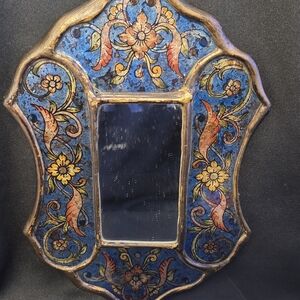 Hand-Painted Blue Floral Wall Mirror by